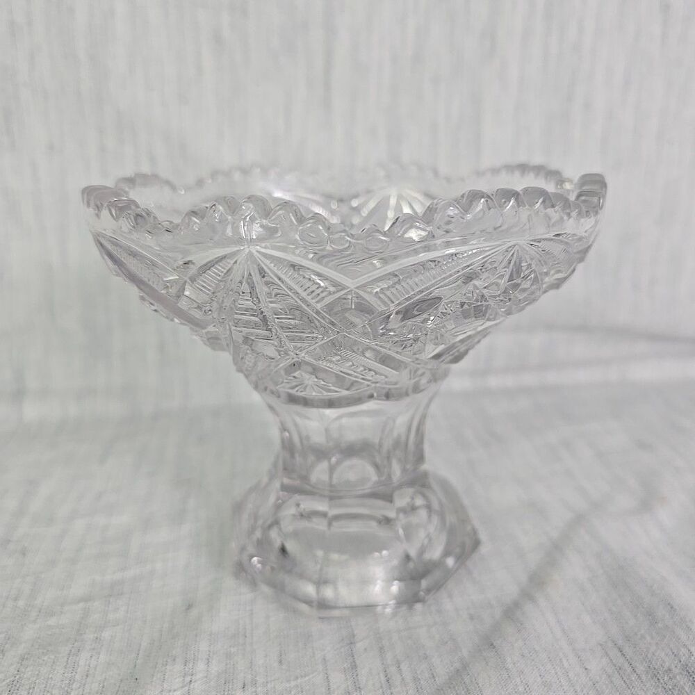 Vintage Sawtooth Pressed Glass Compote Pedestal Candy Dish Pinwheel Star Pattern